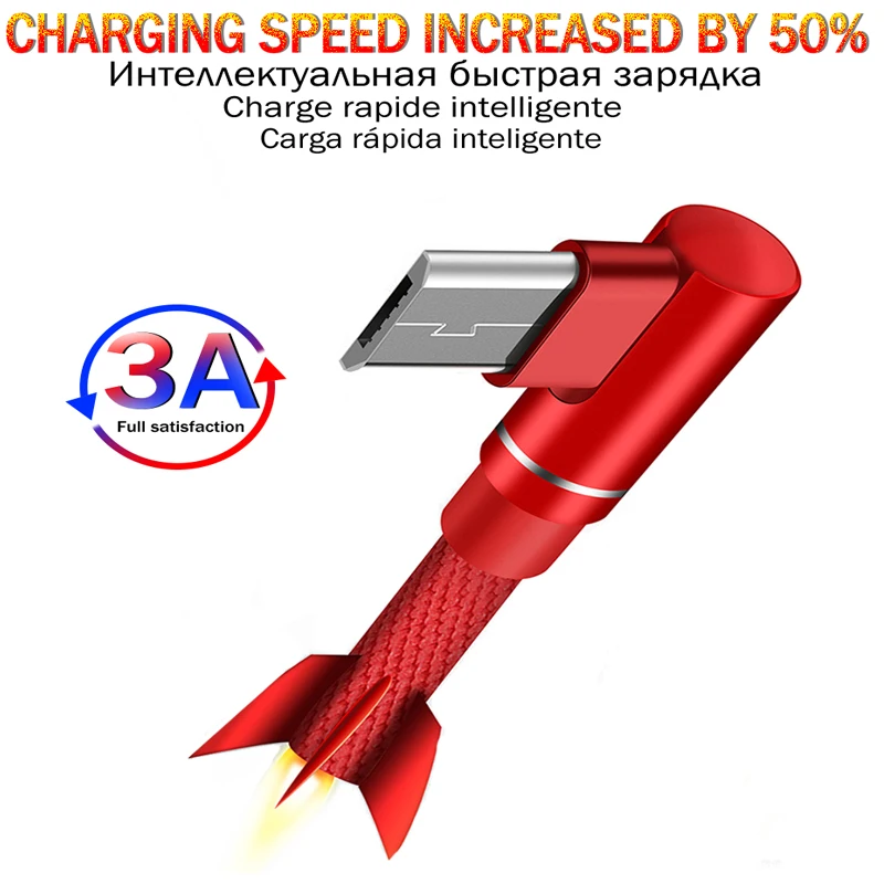 Кабель Micro USB 3A с углом 90 градусов для быстрой зарядки и передачи данных Samsung S6 S7 Edge