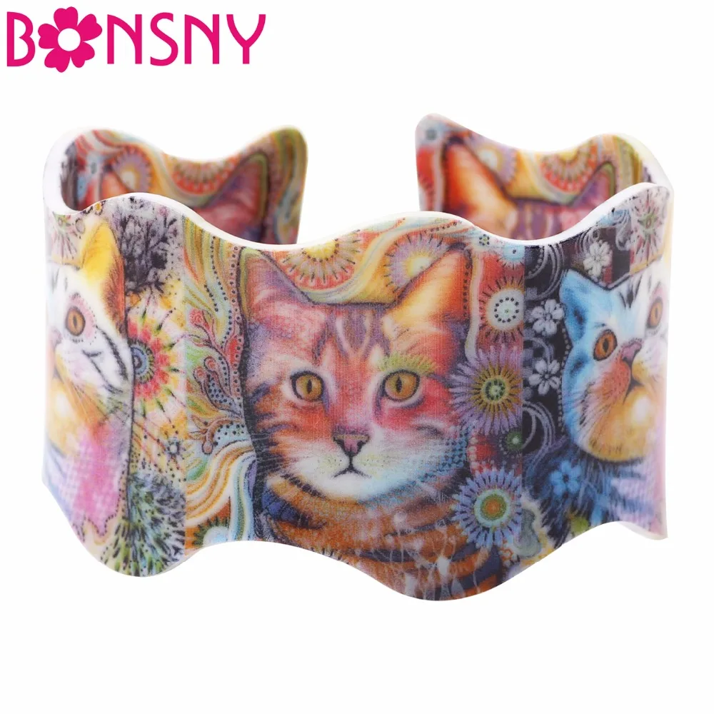 Женский браслет Bonsny широкий из акрила с рисунком в виде кошек и животных