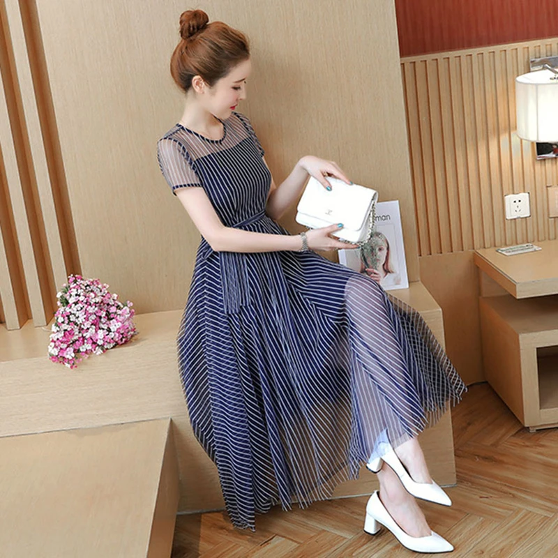 2020 летнее женское платье в полоску с круглым вырезом и коротким рукавом
