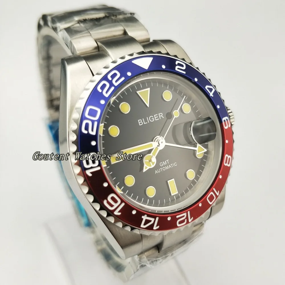 40 мм Bliger сапфировое стекло черный циферблат Luminou Hands GMT автоматические мужские
