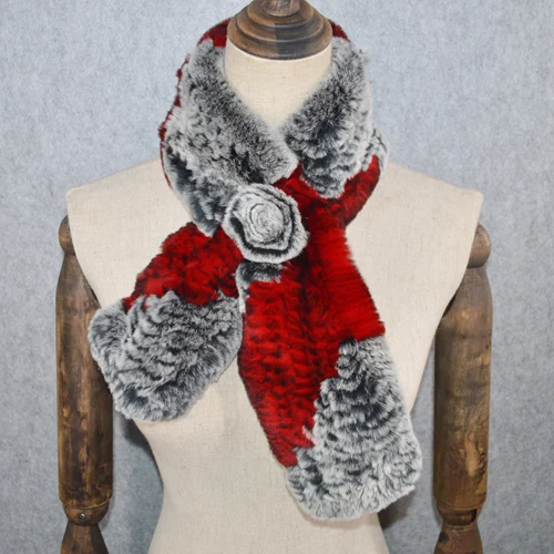gray and red Горячая Распродажа, вязаный натуральный мех кролика Рекс, женский зимний шарф, модные шарфы из меха кролика Рекс, женский теплый шерстяной шарф - Цвет: gray and red