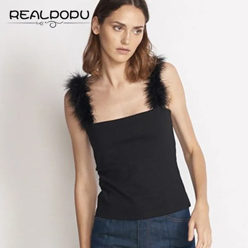 Realpopu, пушистые бретельки, с вырезом лодочкой, Топики, без рукавов, спагетти, топы, сексуальные, обтягивающие, тонкие, черные, хлопковые, модная офисная одежда для женщин