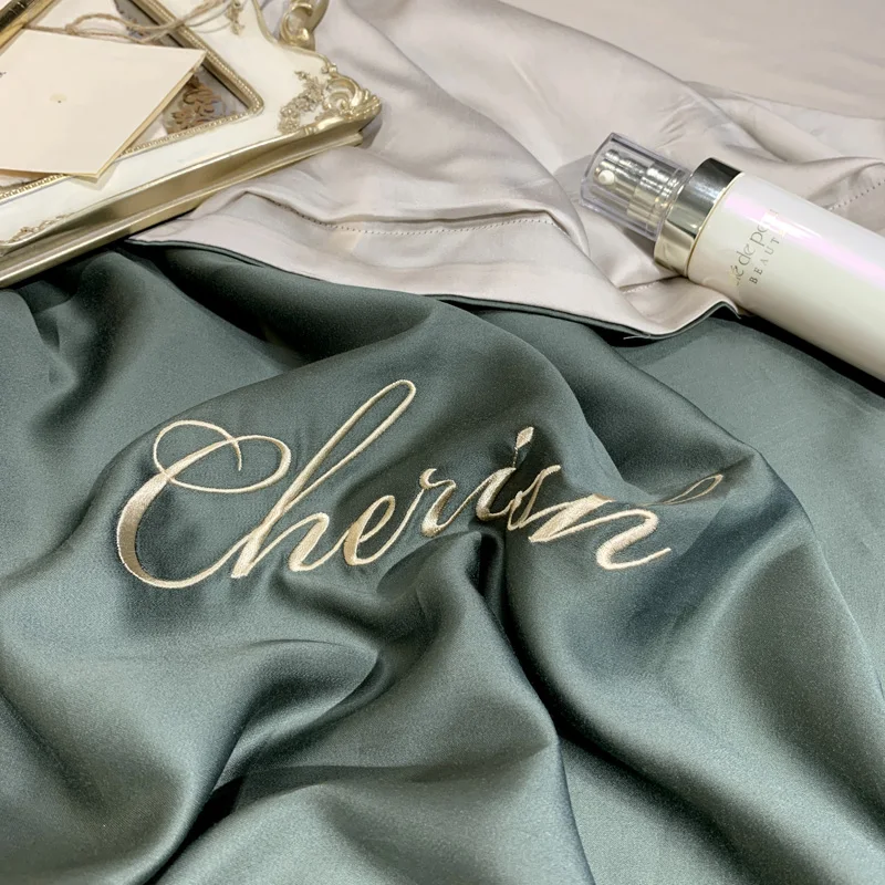 Белый фиолетовый розовый серый роскошный удобный 100S Tencel Шелковый набор постельного белья с вышивкой пододеяльник кровать застежки для простыни льняной чехол для подушки