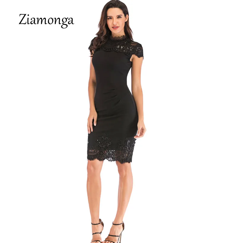 Ziamonga Лето Bodycon платье карандаша женский черный короткий рукав o образ|Женские