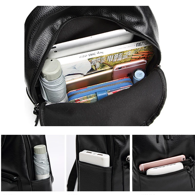 Черный моды кожа рюкзак для девочек искусственная студент книга мешок