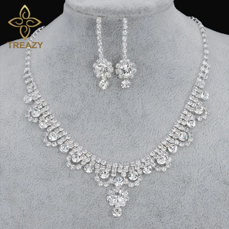 TREAZY New Celebrity Inspired Diamante Crystal Tennis Statement Necklace Earrings Set Wedding Bridal Bridesmaid Jewelry Sets | Украшения и