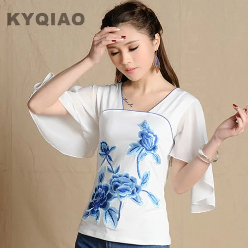 Белая рубашка 2020 Женская Весна Лето этнический дизайн короткий рукав квадратный