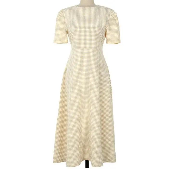Элегантное винтажное клетчатое платье с круглым вырезом и коротким рукавом в