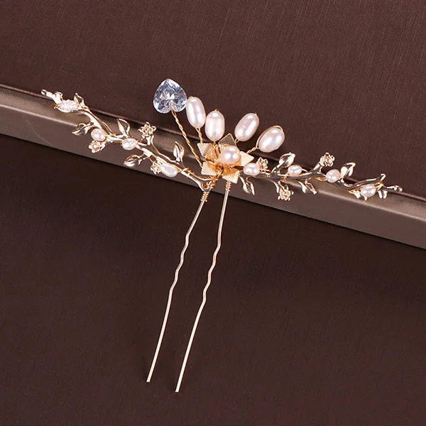 UZ050 Gold Pearl Tiara Hairpin Clip Crystal Rhinestone Hair Jewelry For Women Flower Handmade Headband Wedding Bridal Hair Accessories - Окраска металла: UZ050