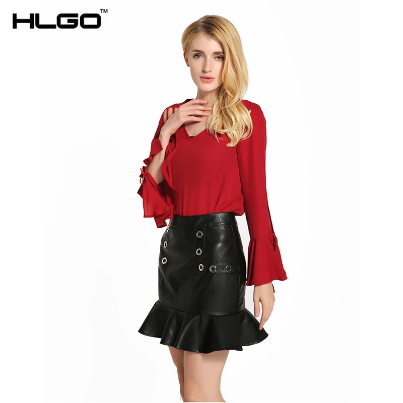 2017 Весенняя мода элегантный v-образным вырезом блузка рубашка сплошной цвет Flare с