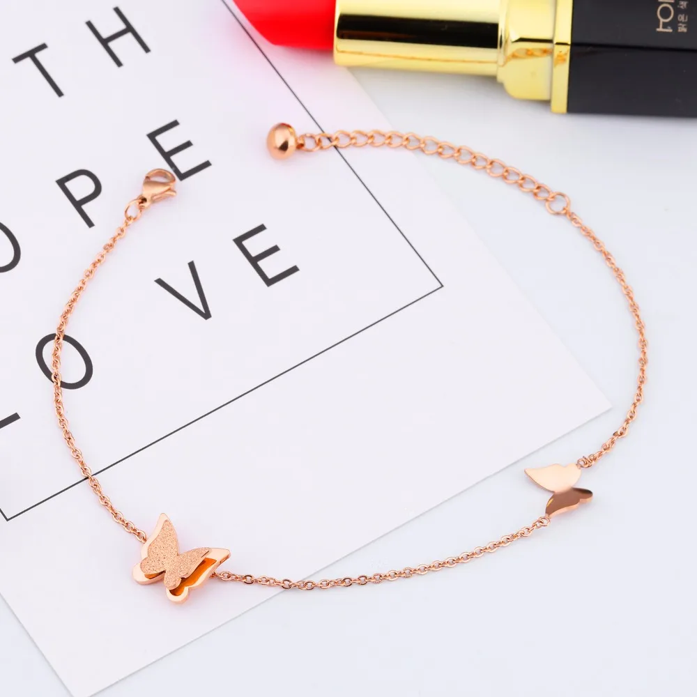 Fashion Butterfly Anklets Bracelet For Women Rose Gold Color Dull Polish Stainless Steel Ankle Jewelry Gift Length adjustable | Украшения и