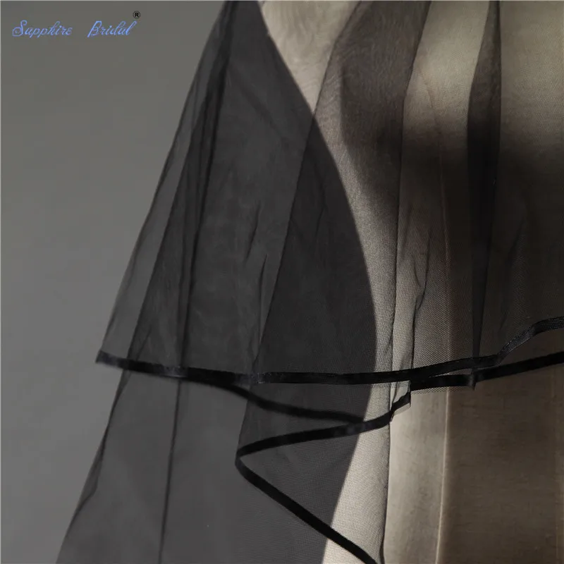 

Sapphire Bridal Ribbon Edge Short Veils For Brides Elbow Length Black bridal veils