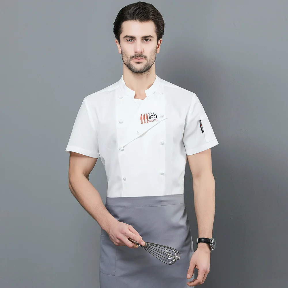 Двубортная куртка шеф повара с вышивкой и коротким рукавом для отеля|Пиджак