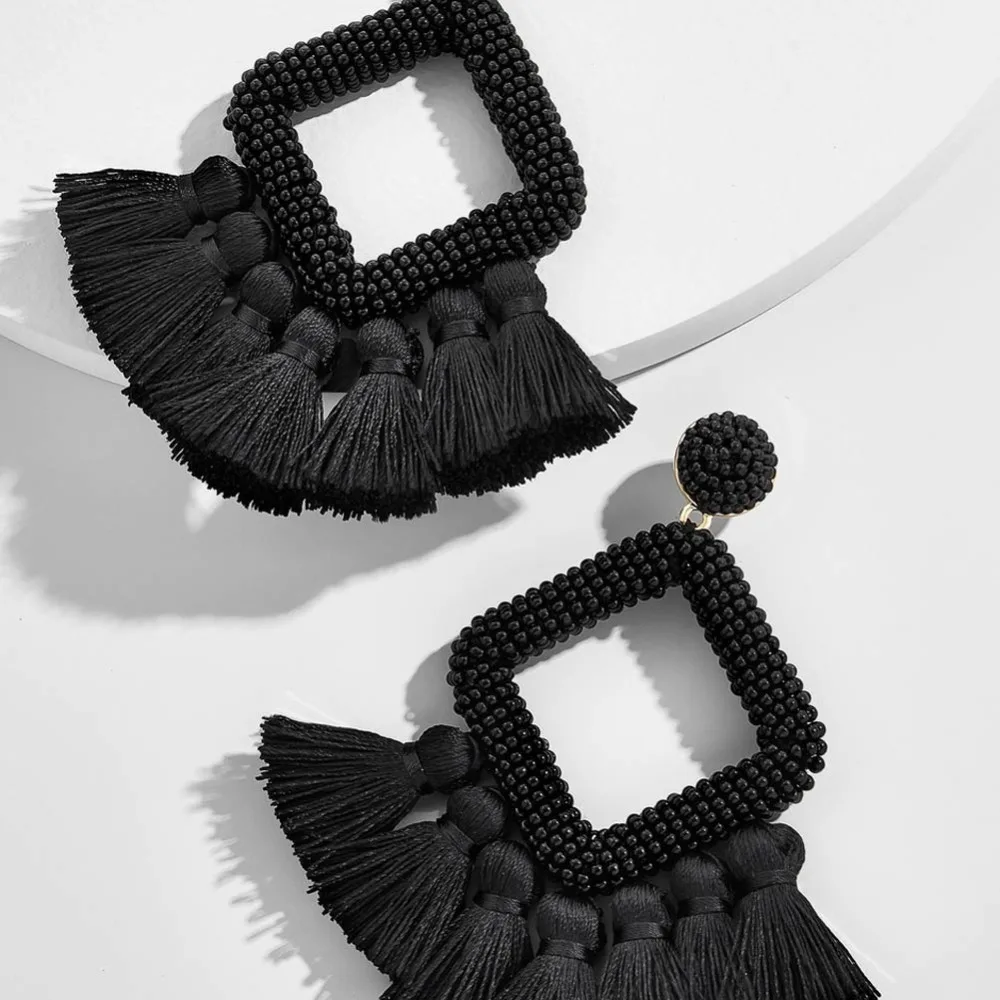Серьги с бахромой в этническом стиле Girlgo Boho, большие кисточки,, ручная работа, большие бусины, массивные серьги, вечерние Висячие висячие серьги, подарок