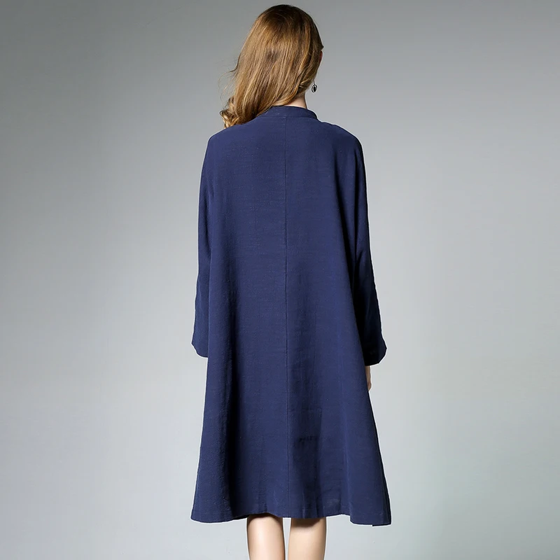 

2020 Autumn new large size dress Medium style stand collar Cotton and linen Loose long-sleeved dress Plus-size shirt dress