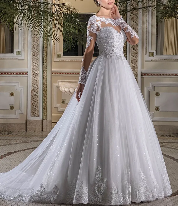 

Vestido de noiva Shinning Tulle Long Sleeves Wedding Dresses with Lace Appliques Chapel Train Wedding Gowns