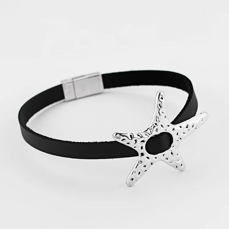 

10Pcs Tibetan Silver Double Hole Starfish Shape Slide Spacer Beads For 6mm Flat Leather Cord Bracelet Jewelry MaKing