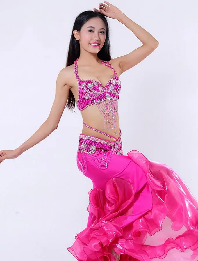 Fuchsia Костюмы для танца живота, костюмы для восточных танцев, 3 шт., женский набор костюма для танца живота, бюстгальтер, пояс, юбка - Цвет: Fuchsia