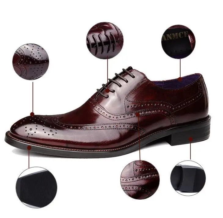 Mens brogue carving genuine leather dress shoes round toe lace up high quality work men wedding black wine red brown | Обувь