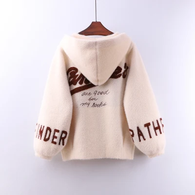 Beige white Autumn Winter Mink Cashmere Cardigan Coat Hooded Sweater women Fashion Embroidery High quality Warm Sweaters Coat Female - Цвет: Beige white