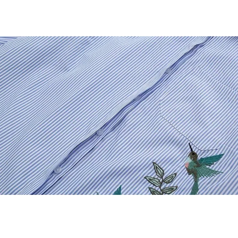 

Stripe Dyeing Bird Flower Embroidered Long Sleeve Shirt Beautifully positioned flower and bird embroidery Lapel straight shirt