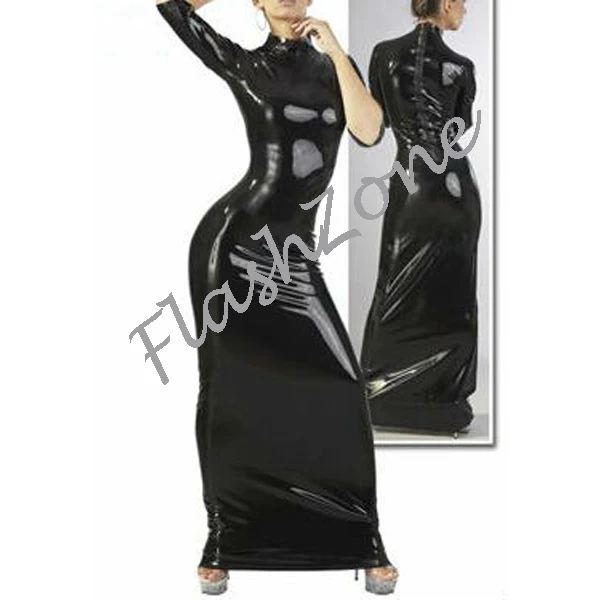 Бесплатная Доставка! Длинное латексное платье с короткими рукавами для