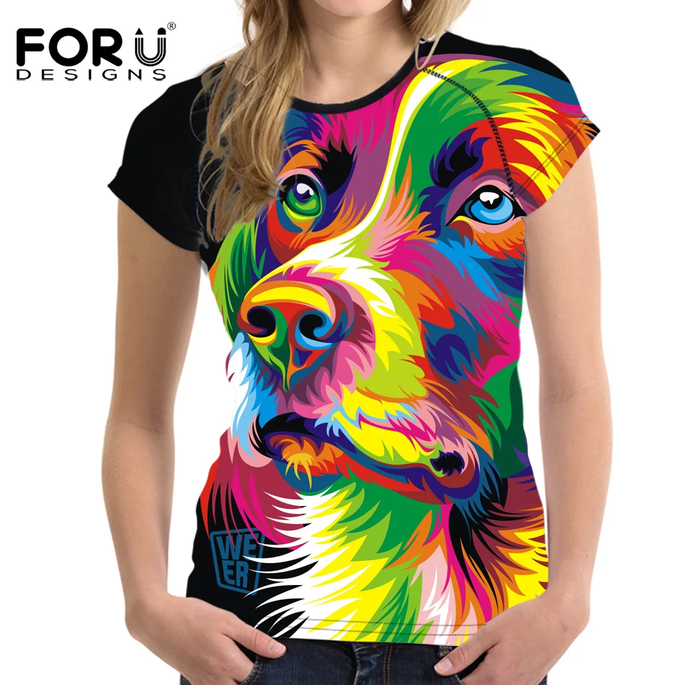 

FORUDESIGNS Woman Dog Print Tops T-shirt Cute 3D Animal Short Sleeved T Shirts For Girls Womens Slim Elastic Feminine Clothes XL