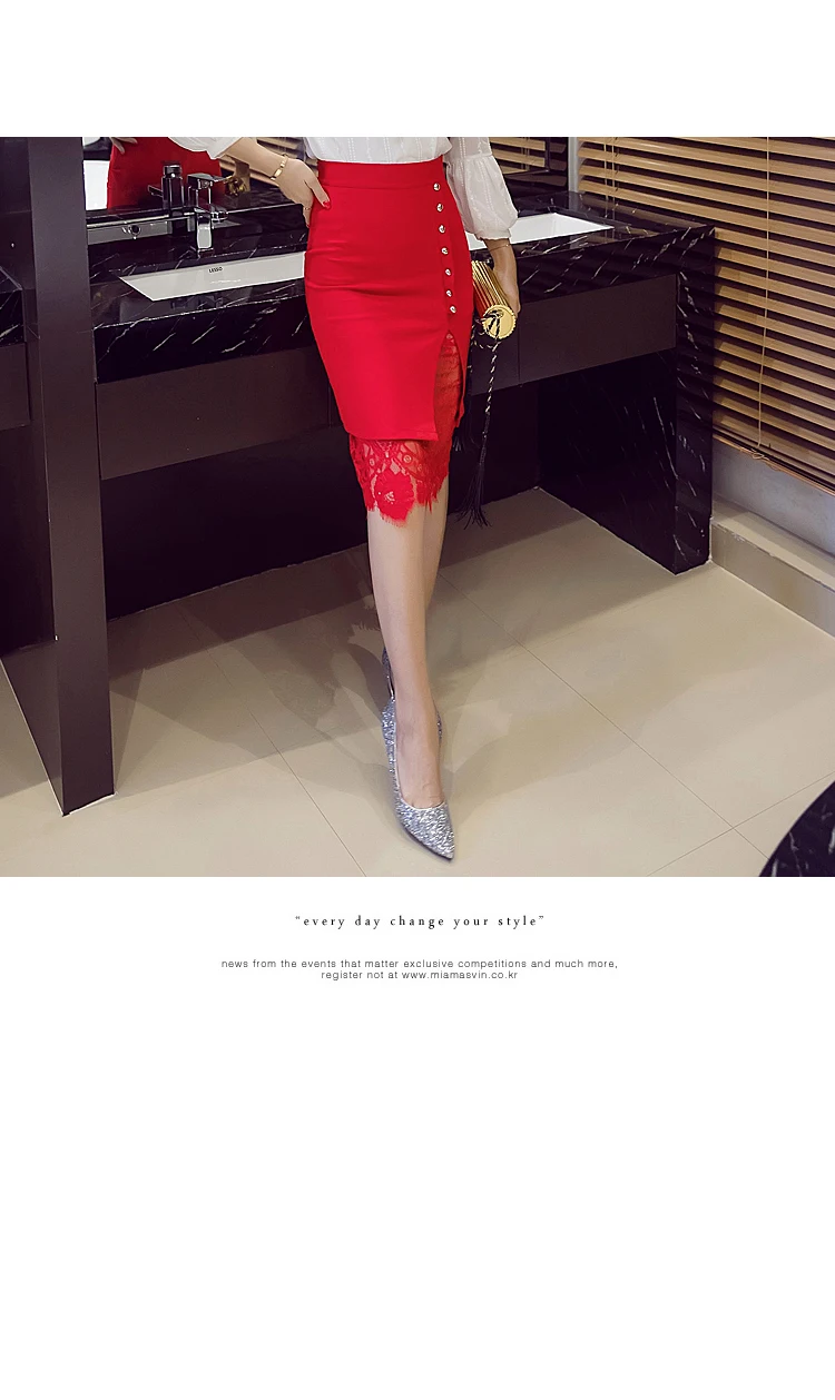 New Women Side Beading Lace Stitching Skirts Elegant High Waist Office Business OL Skirts Stretch Plus Size Midi Skirts Women