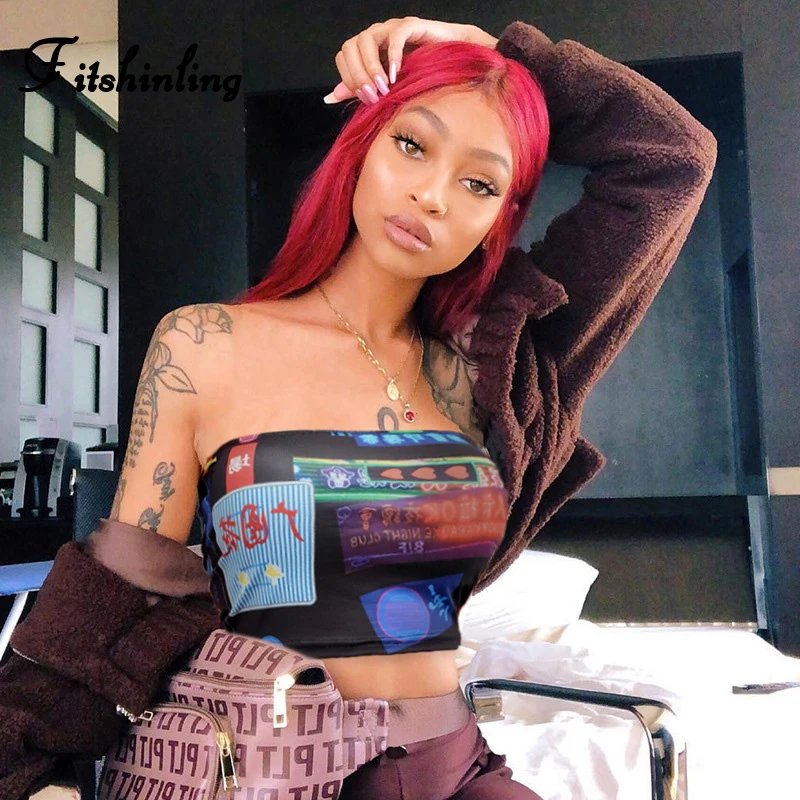 Fitshinling уличная Клубная трубка емкости Топ Женская Майка без бретелек harajuku принт