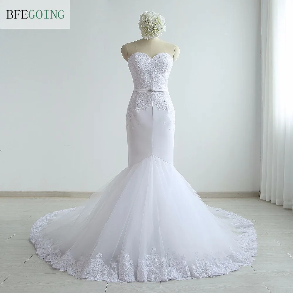 Белое Тюлевое кружевное свадебное платье с юбкой годе со шлейфом для часовни без