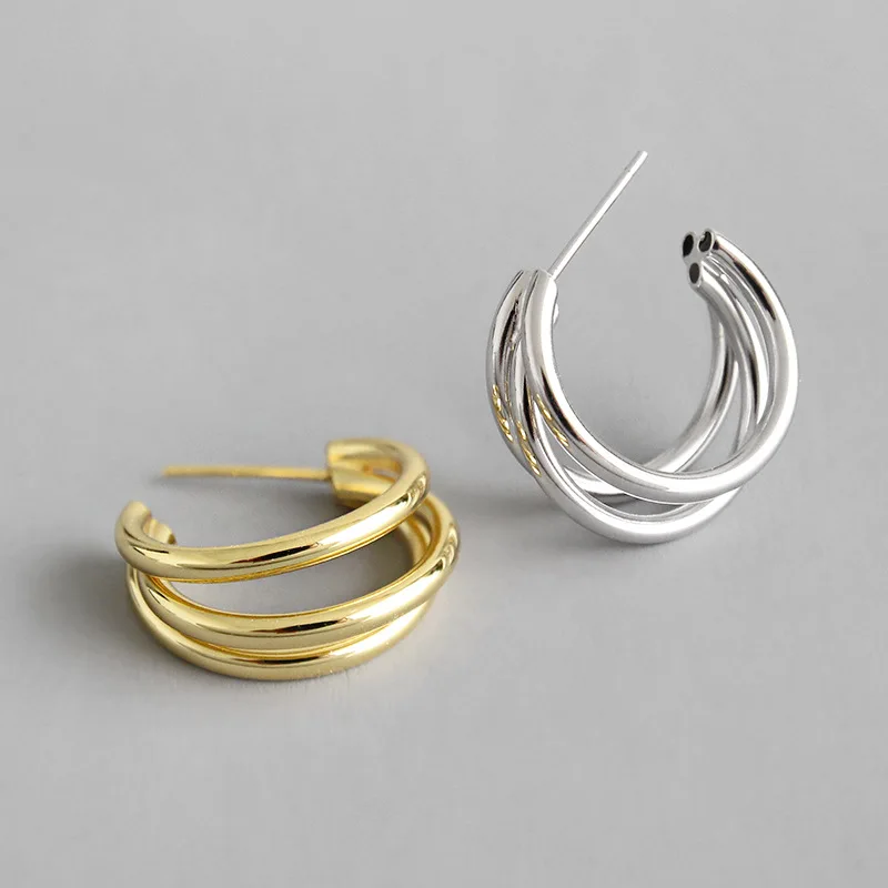 

Gold Color Authentic S925 Sterling Silver Stud Earrings C Shape Multi-layer tricyclic Line Circles Student Jewelry Lucky Gift