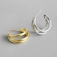 gold color authentic s925 sterling silver stud earrings c shape multi layer tricyclic line circles student jewelry lucky gift