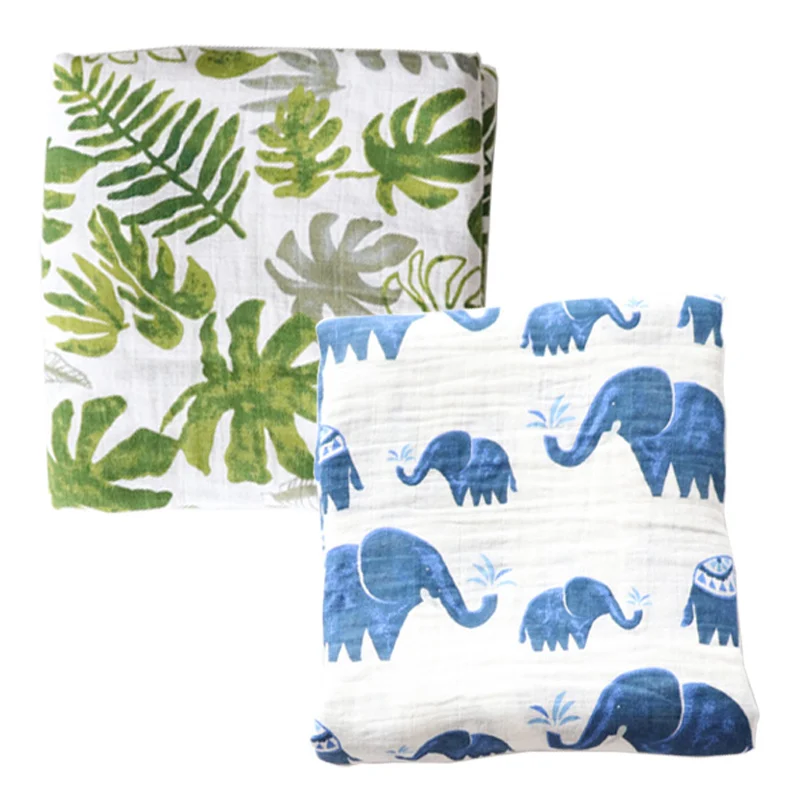 Leaf Elephant Комплект из 2 предметов, хлопковое муслиновое детское одеяло, пеленка для новорожденных, мягкое детское постельное белье, банное полотенце, Марлевое покрытие для коляски, 115x115 см - Цвет: Leaf Elephant