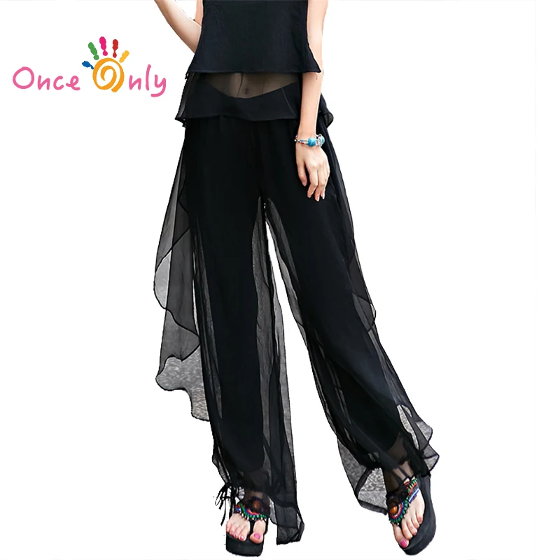 

2021 National Women Chiffon Pants Thin Loose Casual Pleated Full Length Summer Trousers Black White Elastic Waist Women Pants