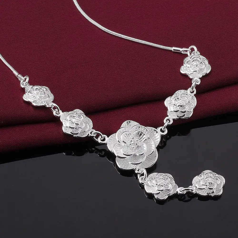 N681 Wholesale Fashion silver plated jewelry rose flower set fine chain pendant necklace lady gift classic hot women cz | Украшения и