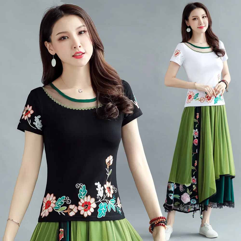 Camisetas verano mujer,, женская летняя L-4XL, мексиканский стиль, этническая, бохо, хиппи, короткий рукав, черная, белая, с вышивкой, футболка