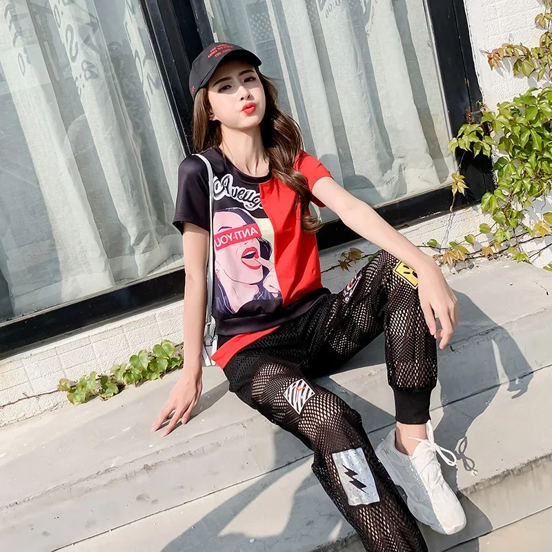 Мода Harajuku Для женщин комплект Лоскутная футболка с короткими рукавами + брюки в