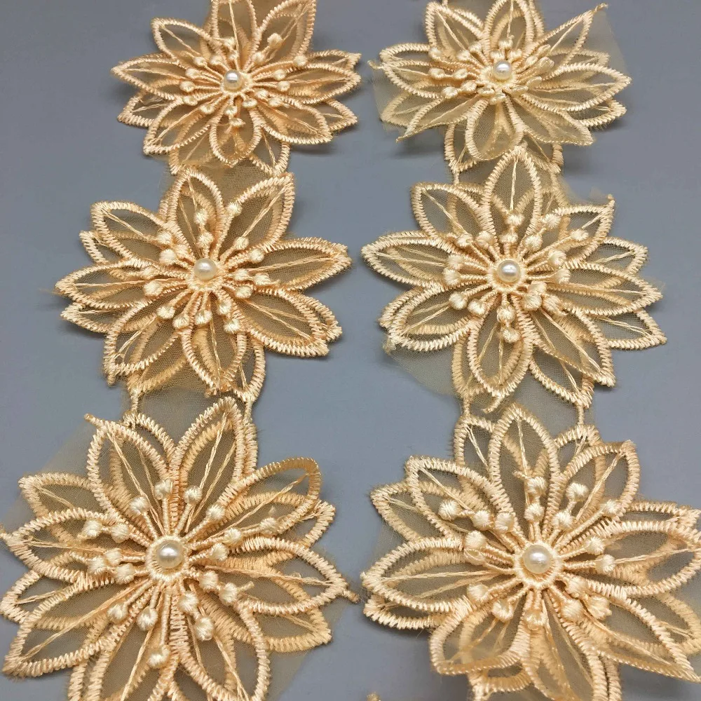 5 ярдов растворимые золотые цветы жемчужные бусины кружевная отделка лента ткань