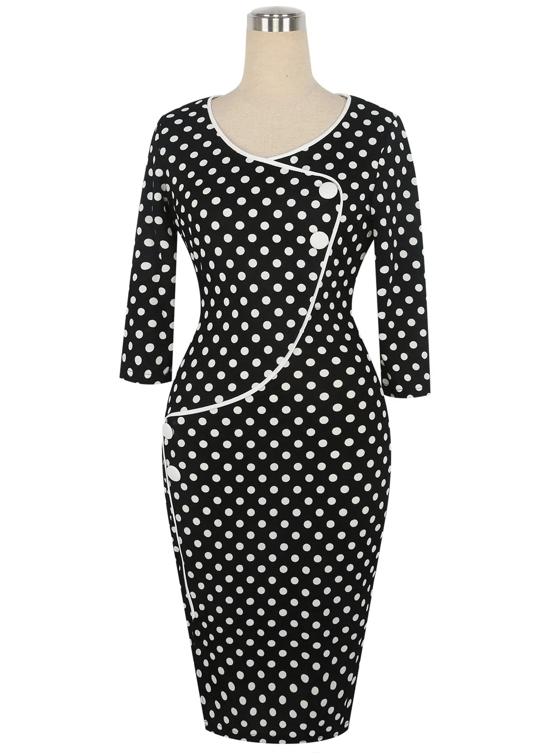 Женское платье-карандаш в горошек облегающее платье с рукавом 3/4 и раздельным