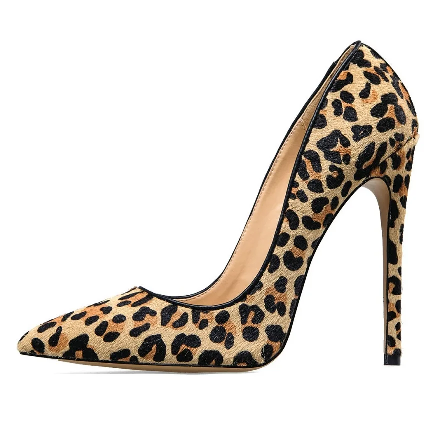 10cm Leopard Amourplato/женские туфли-лодочки с острым носком и животным принтом из конского волоса; женские туфли-лодочки из натуральной кожи на высоком каблуке с леопардовым принтом; большие размеры - Цвет: 10cm Leopard