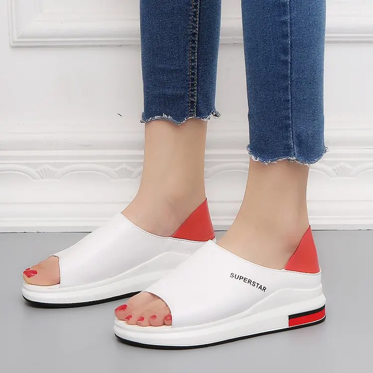 Женские кожаные сандалии с открытым носком повседневные пляжные на платформе