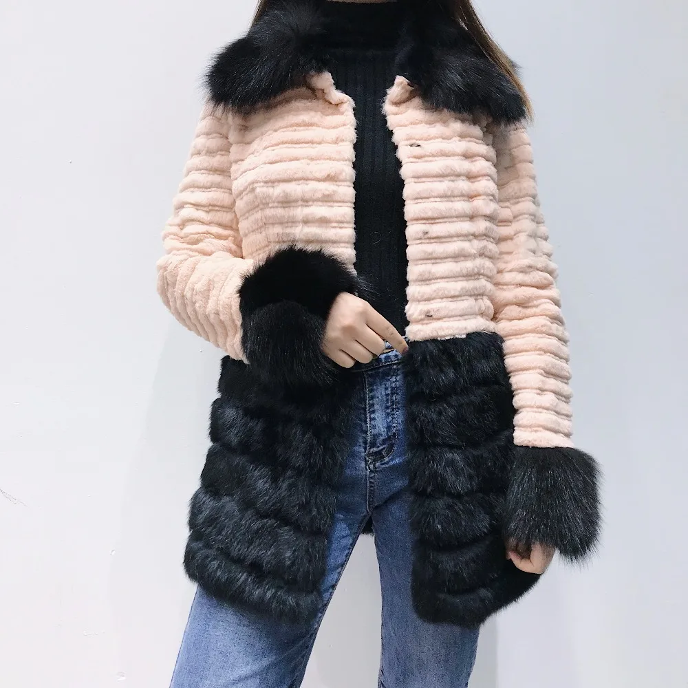 Autumn Winter New Fur Round Collar Real Rabbit Coat Medium Full And Fox collar 2018 Fashion Slim Thick Warm | Женская одежда