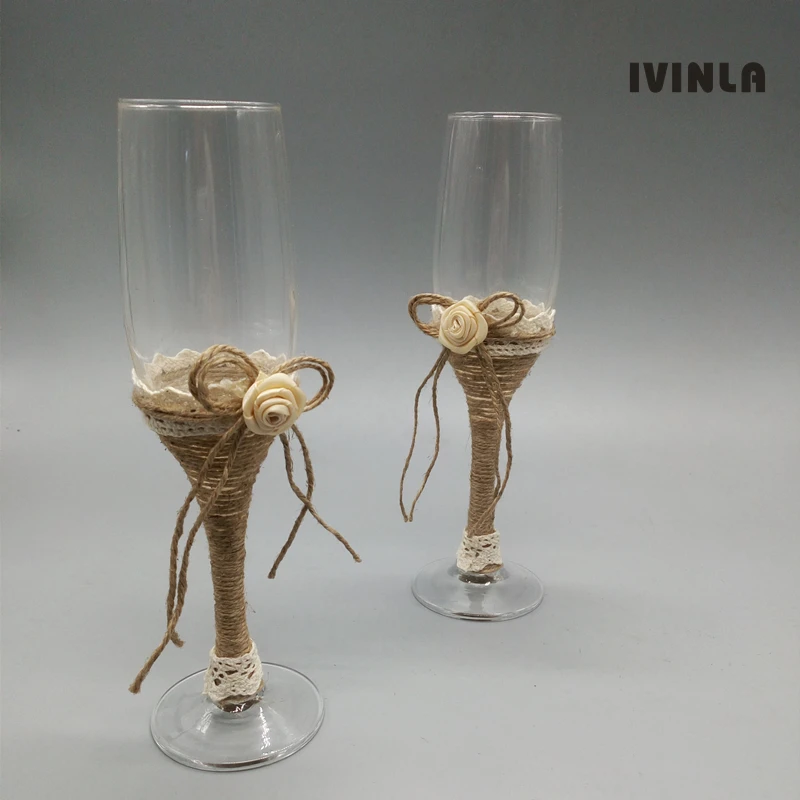 

Hot 1 pair Jute Rustic Wedding Twine Flutes Toasting Burlap Glasses Wedding Champagne Bride and Groom Glasses for wedding