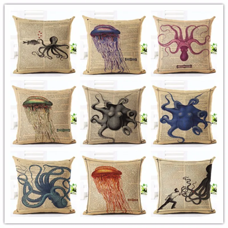 

Fashion Style High Quality Creative Retro Pictorial Octopus Soft Pillow Cojines Seat Cushion Almofadas Cotton Linen Square