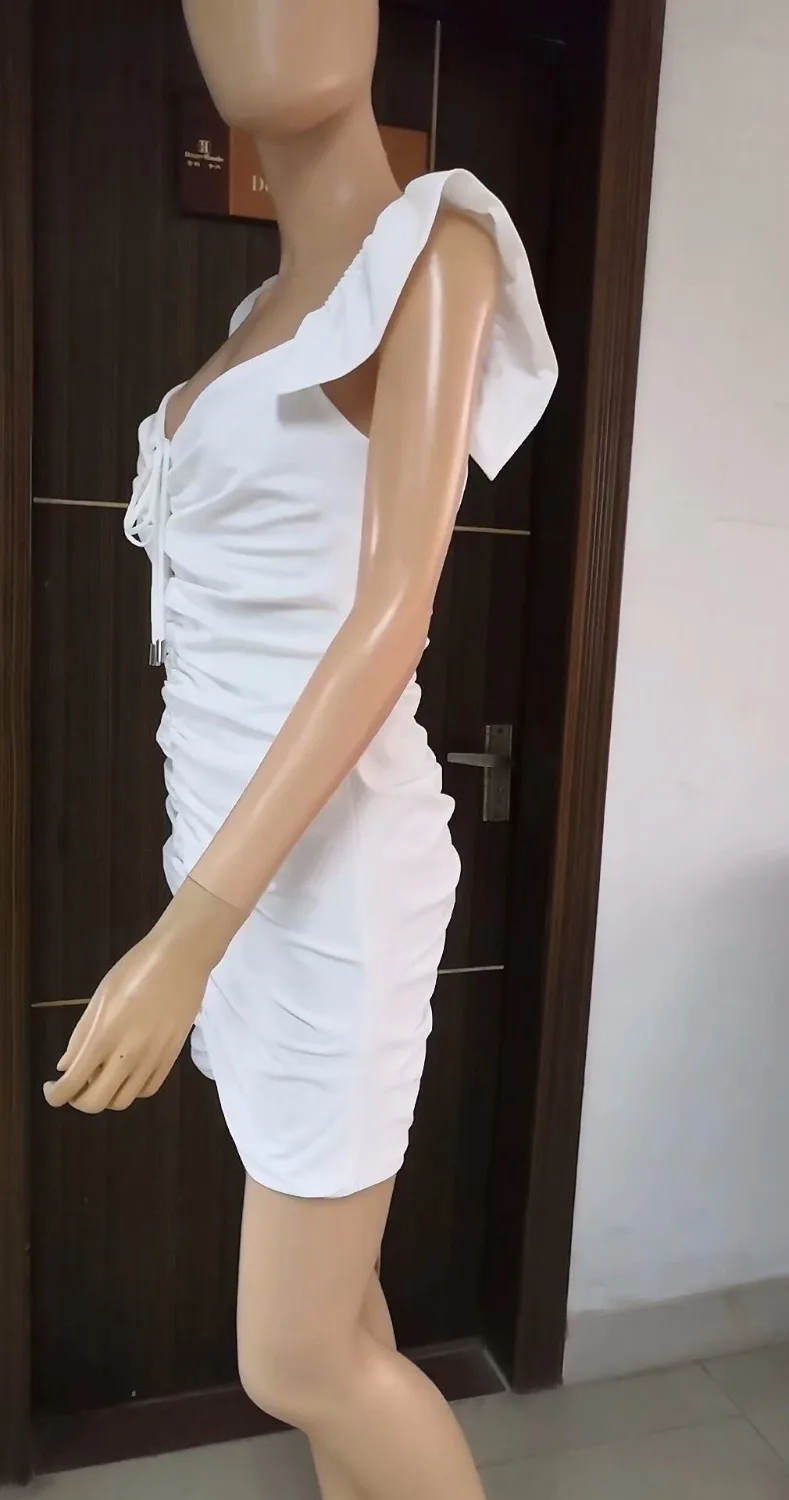 

2019 New Women Fashion white Ruffles V-Neck Sleeveless Bandage Dress Vestidos Celebrity Evening Party Dresses wholesale