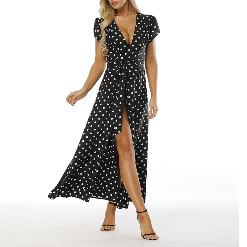 Женское богемное летнее пляжное длинное платье в горошек вечернее с v образным