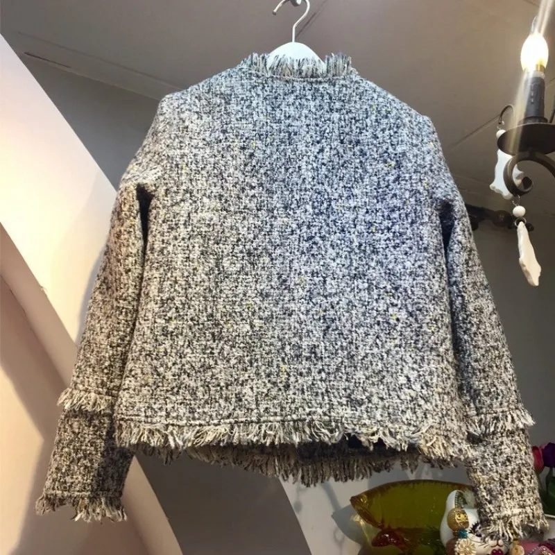 

New Autumn Women Brand Tweed Jacket Tassels Slim Fit Elegant Ladies Short Coat Bow Tie Pearls Office Work Twill Outwear Jacket