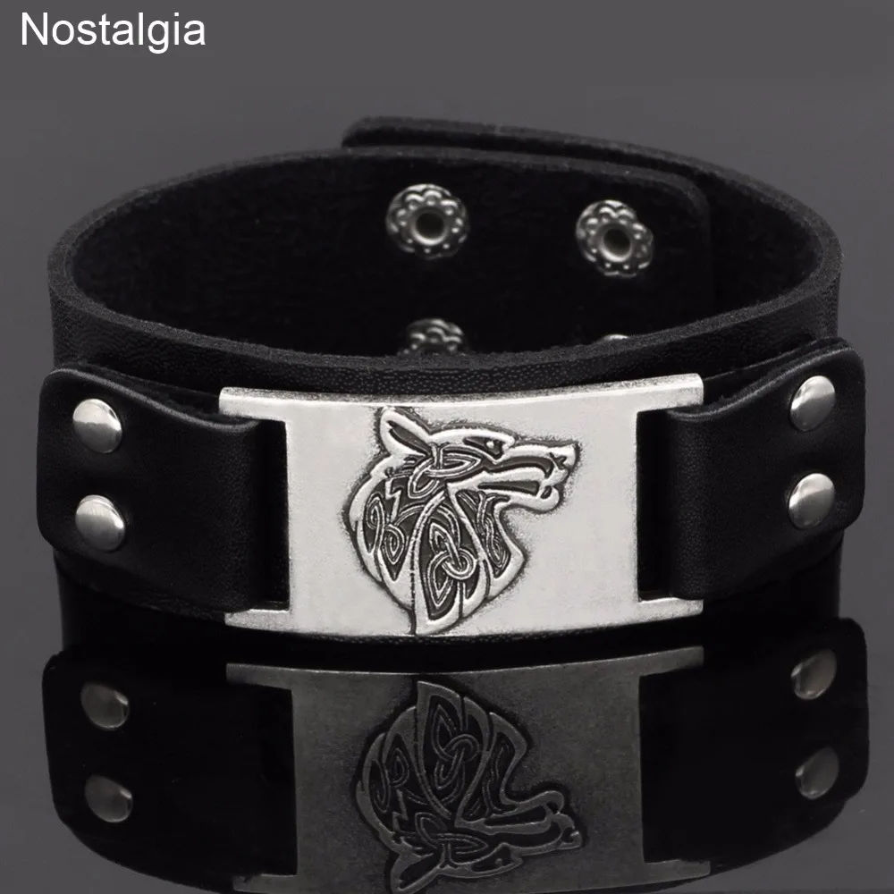 

Nostalgia Teen Wolf Amulet Black Leather Jewelry Wide Cuff Bangle Bracelet Viking Animal Trinity Knot Talisman