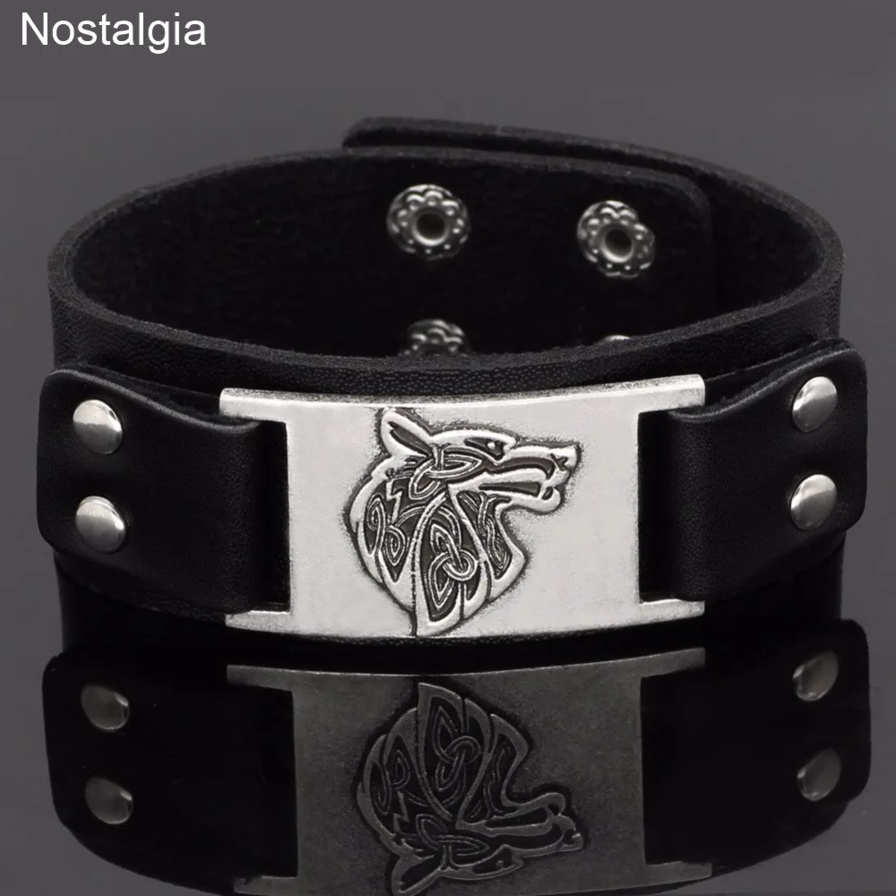 Nostalgia Teen Wolf Amulet Black Leather Jewelry Wide Cuff Bangle Bracelet Viking Animal Trinity Knot Talisman | Украшения и