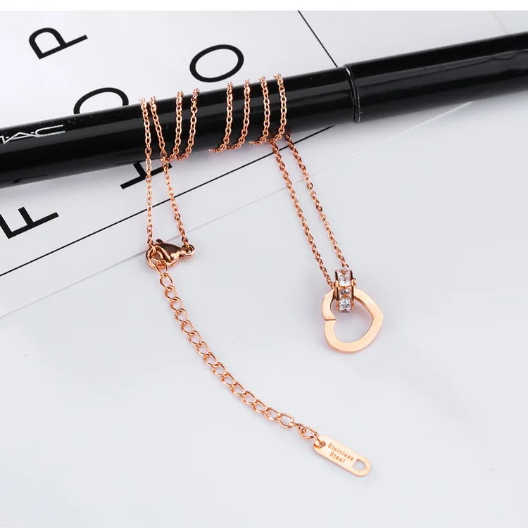 Sweet Pendant Necklaces Heart Rose Gold Stainless Steel Round Pure White Cubic Zircon Link Chain Romantic Designer Women Jewelry | Украшения